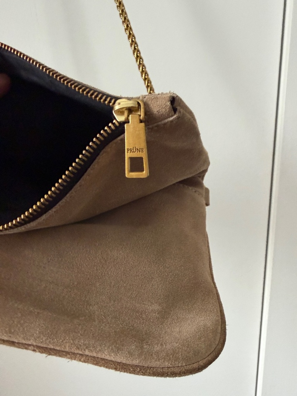 Prune Tan Suede Crossbody Bag with Gold Chain - Picture 13 of 16